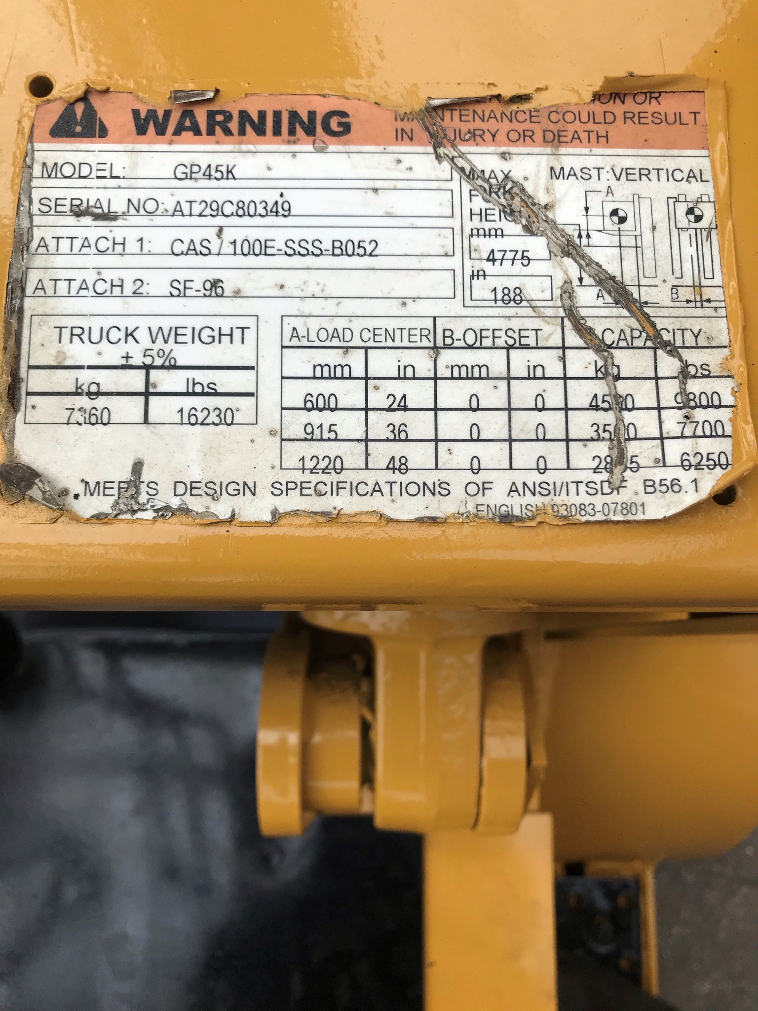 Model GP45K yellow caterpillar forklift with serial number AT29C80349 for sale