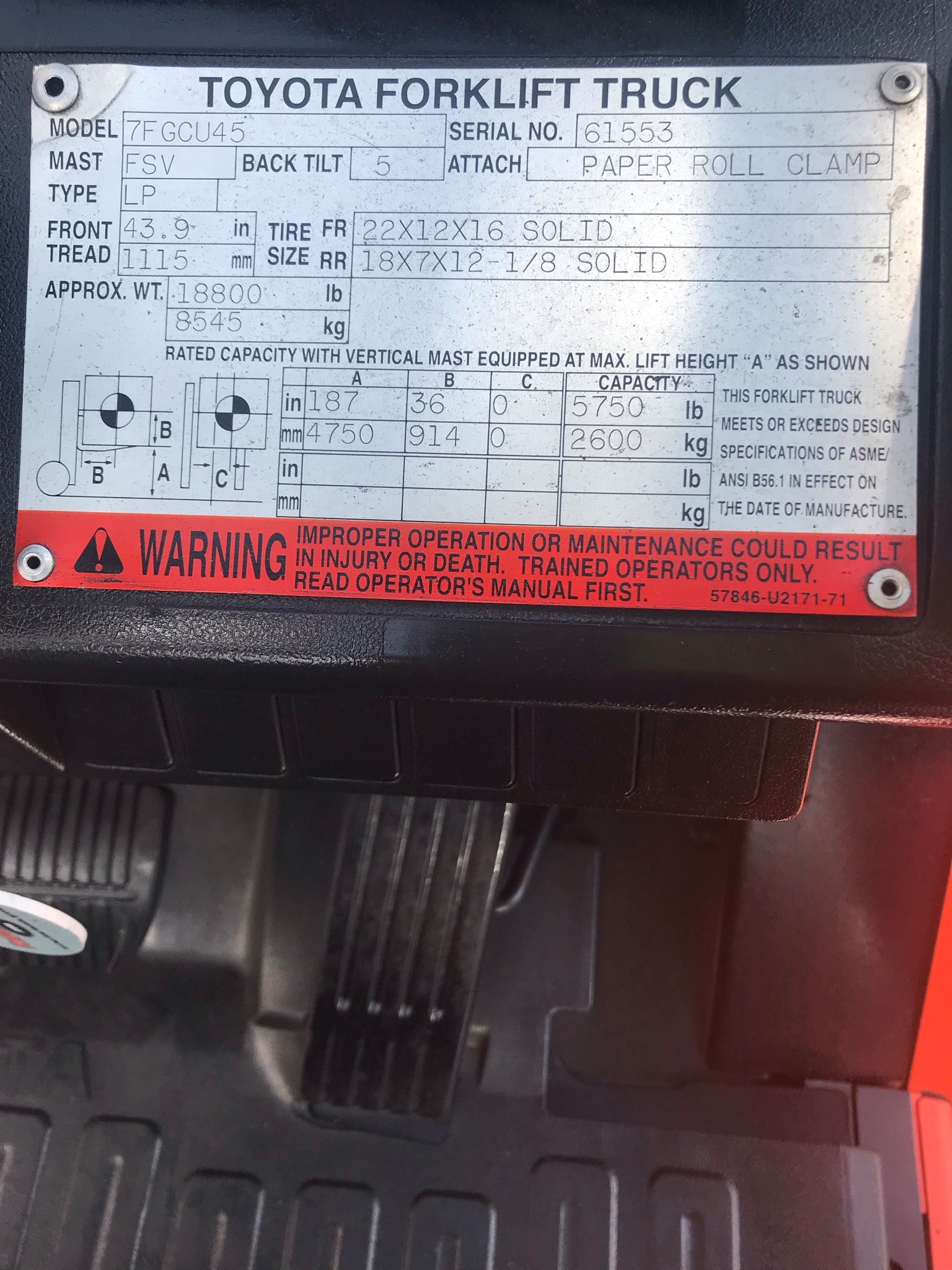 Model 7FGCU45 orange toyota forklift with serial number 61553 for sale