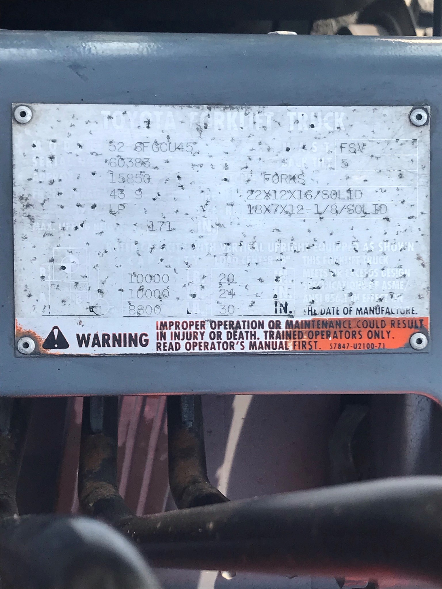 Model 52-6FGCU45 orange toyota forklift with serial number 60383 for sale