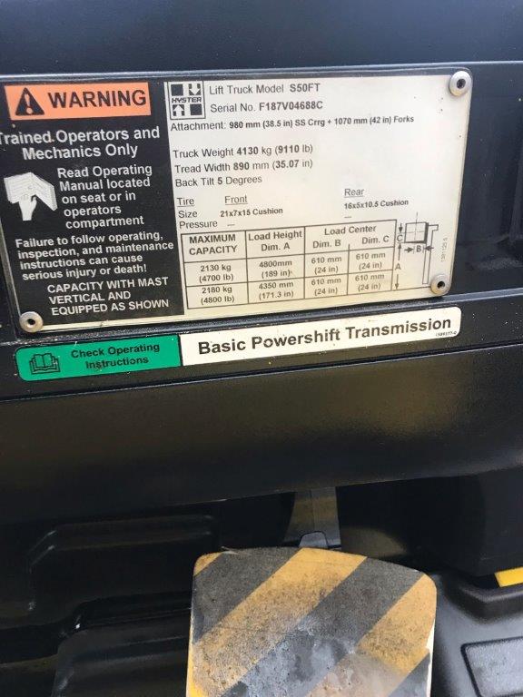 Model S50FT yellow hyster forklift with serial number F187V04688C for sale