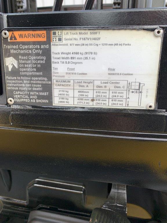 Model S50FT yellow hyster forklift with serial number F187V11402F for sale