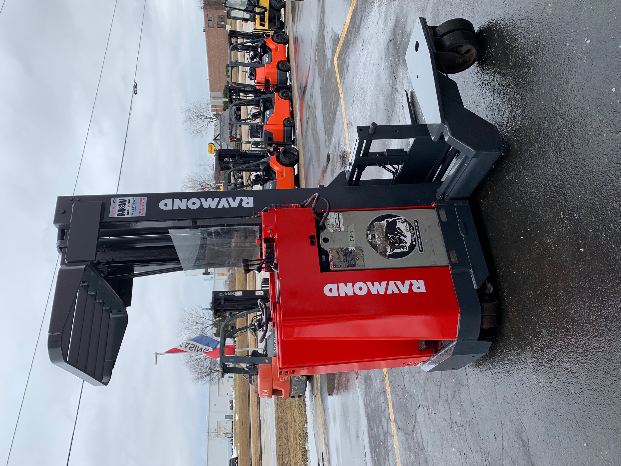Red raymond reach truck with 3 stage mast for sale