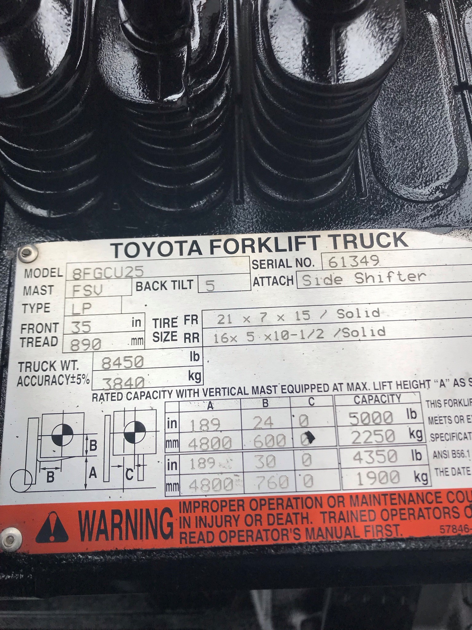 Model 8FGCU25 orange toyota forklift with serial number 61349 for sale