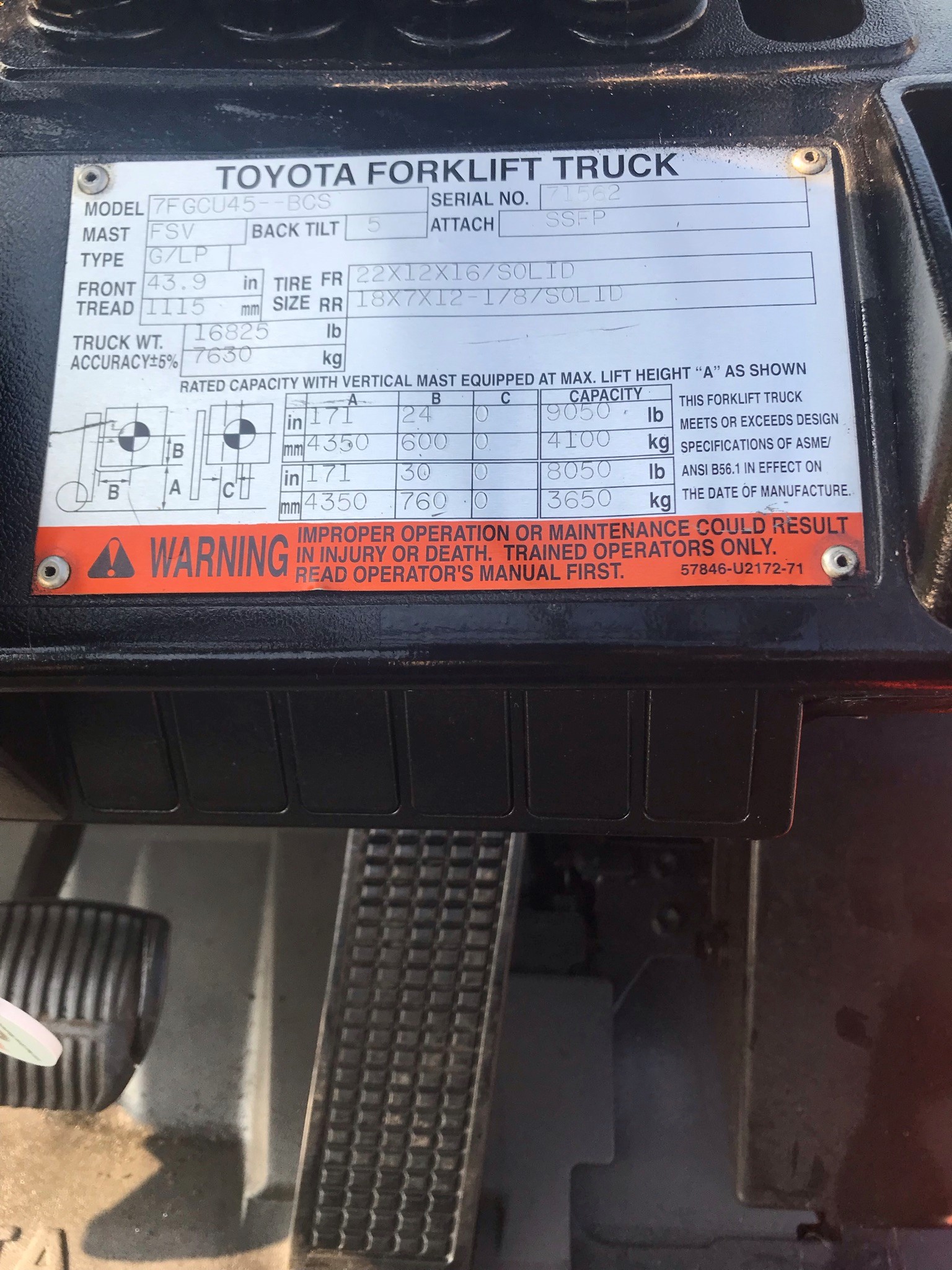 Model 7FGCU45-BCS orange toyota forklift with serial number 72561 for sale