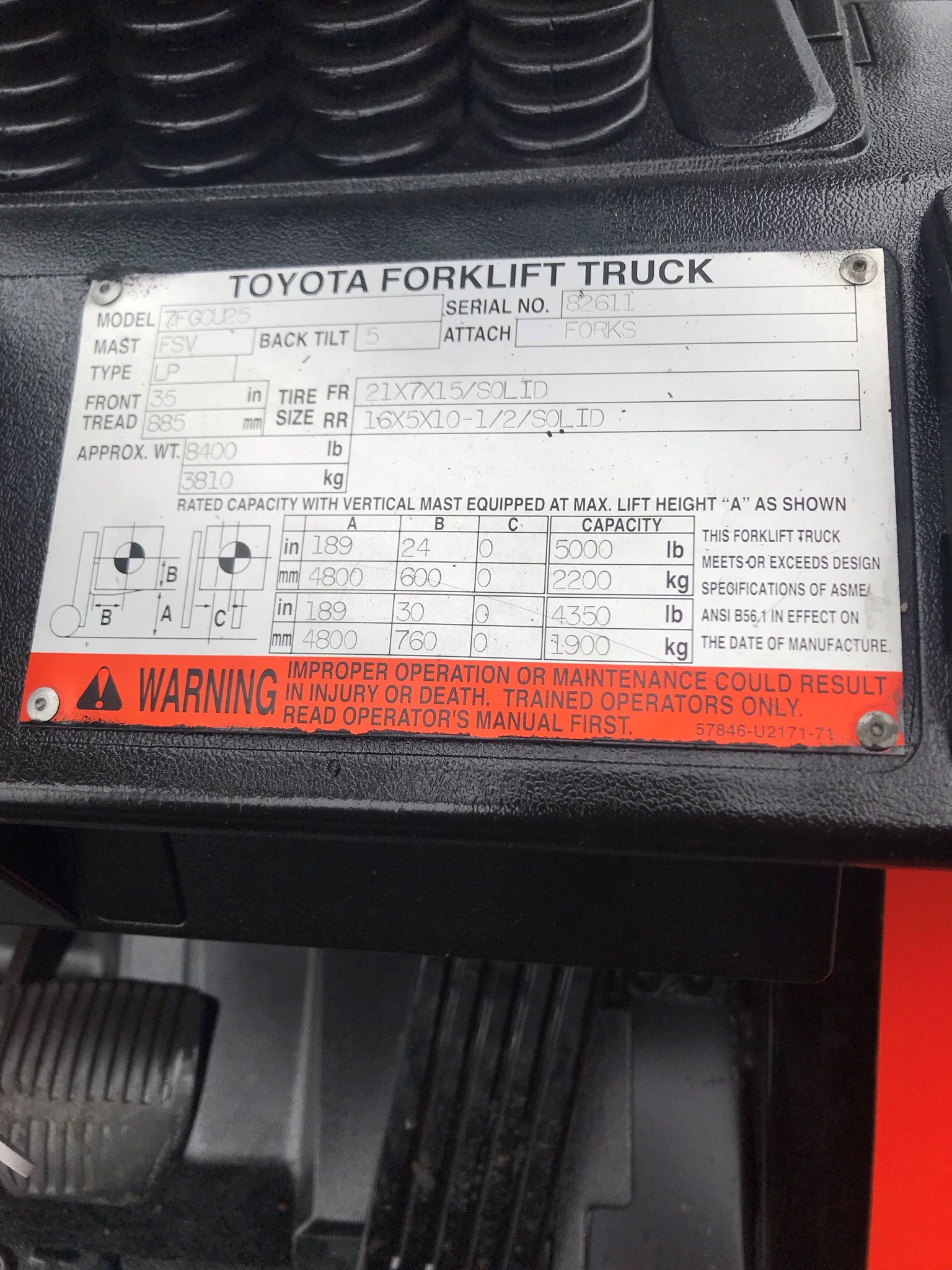 Model 7FGCU25 orange toyota forklift with serial number 82611 for sale