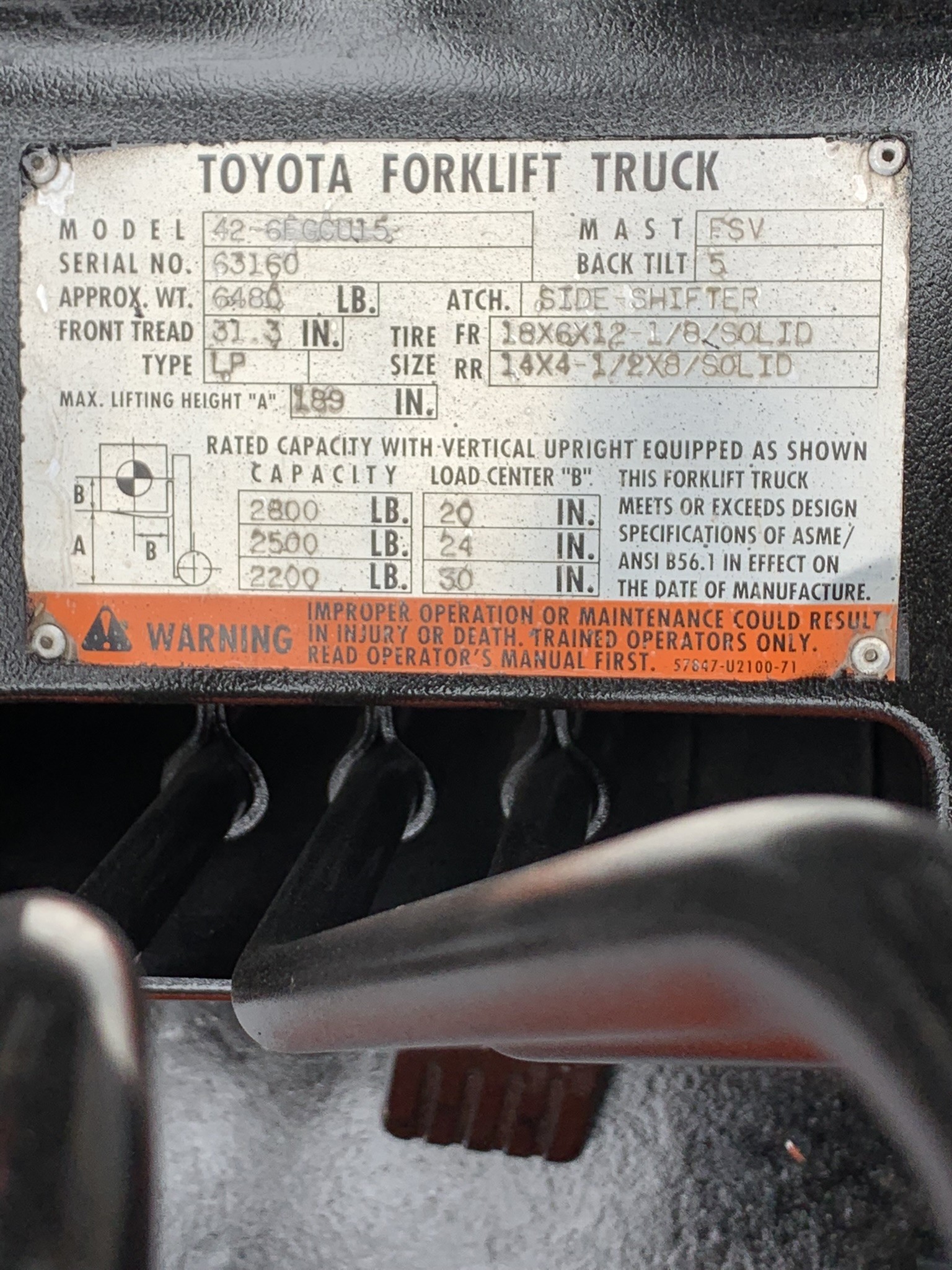 Model 42-6FGCU12 orange toyota forklift with serial number 63160 for sale