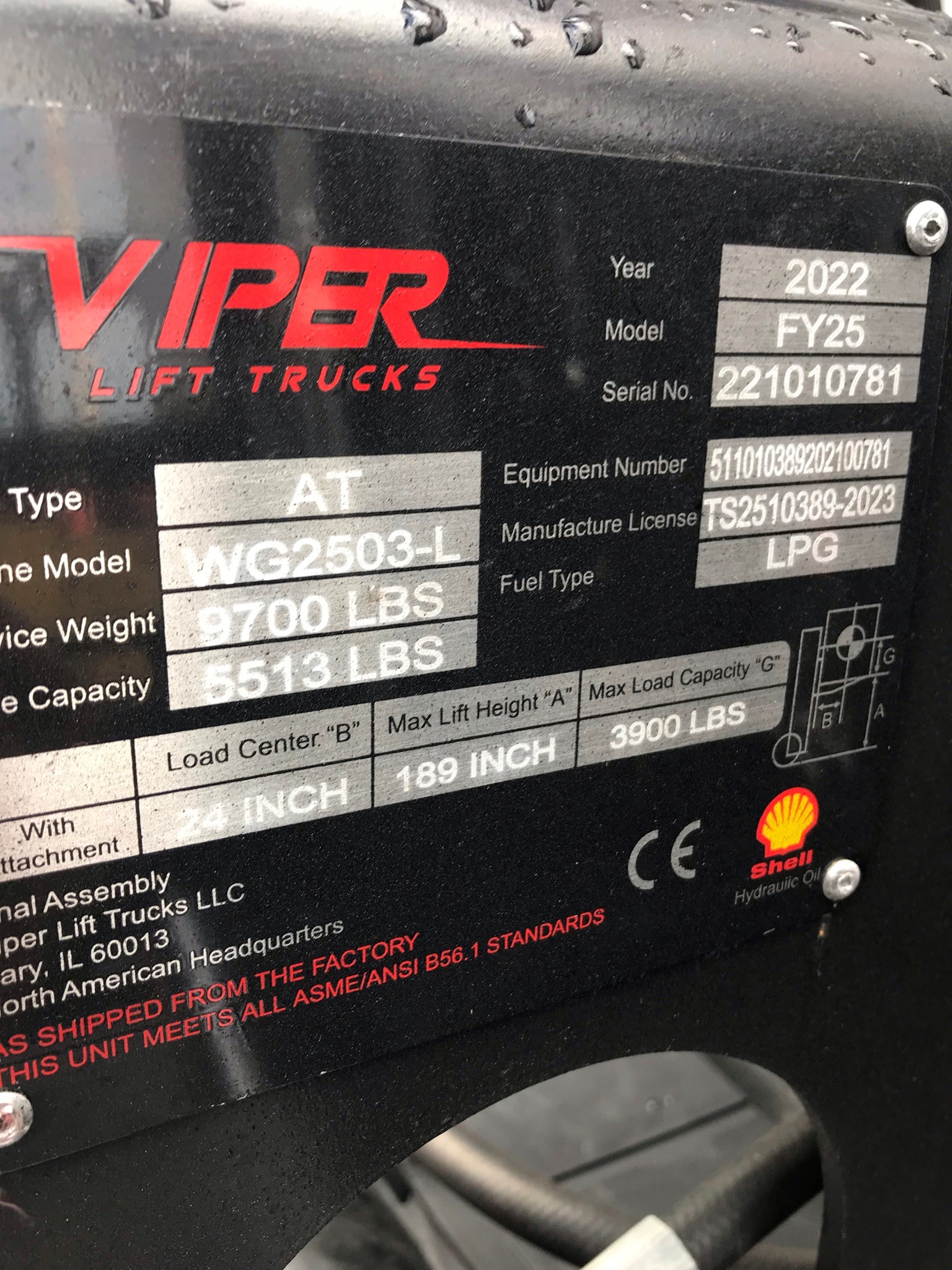 Model FY25 white viper forklift with serial number 221010781 for sale